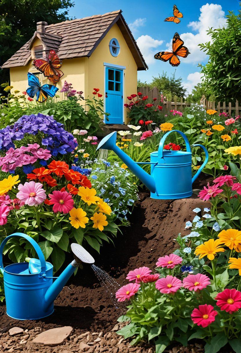 A lush garden scene transitioning from seeds in soil to vibrant blooming flowers, illustrating the transformation of a small patch of earth into a colorful paradise. Include various gardening tools like a trowel and watering can, and cheerful butterflies fluttering around. The sky above should be a bright blue, symbolizing hope and growth. The overall atmosphere should be warm and inviting, evoking a sense of tranquility and joy in gardening. super-realistic. vibrant colors. natural lighting.
