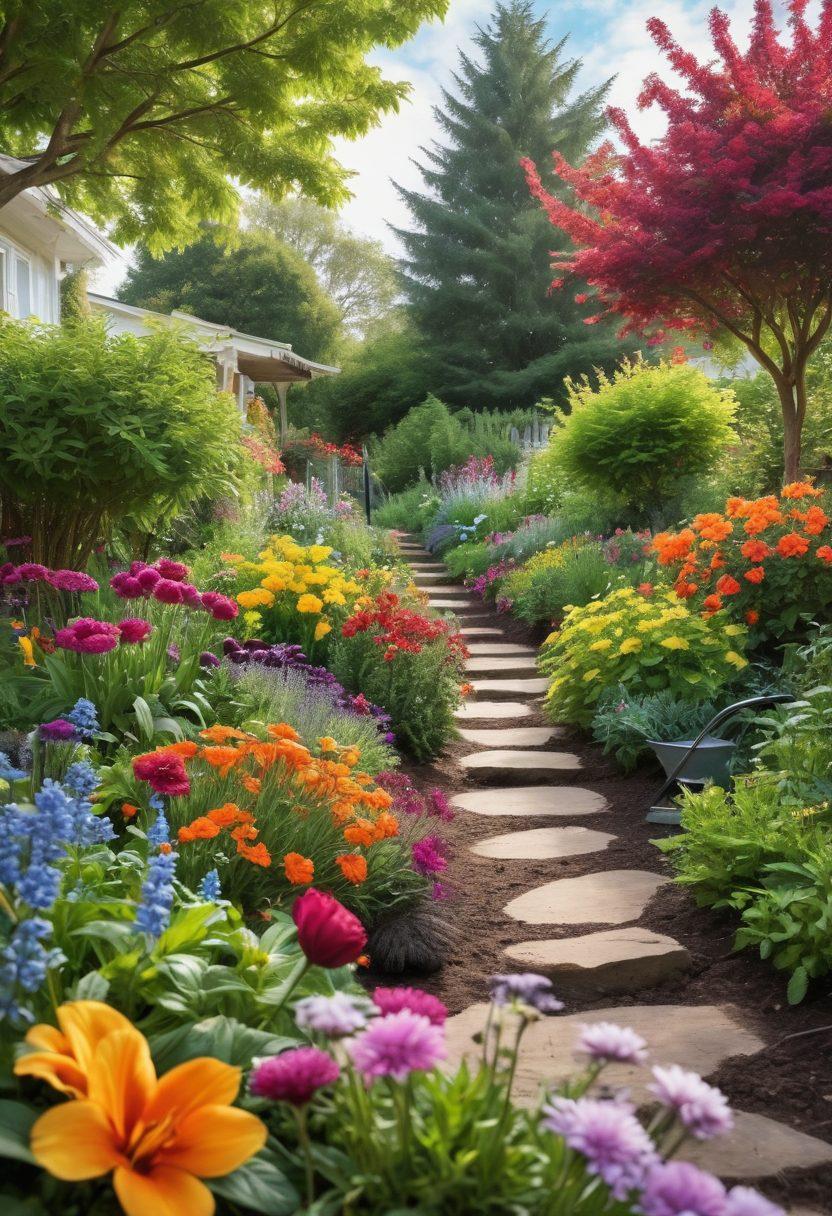 A serene garden bursting with colorful seasonal flowers, lush green plants, and a gardener tending to the soil, surrounded by tools and fresh herbs. In the background, a vibrant sky transitions to different seasonal colors, depicting spring blooms, summer vibrancy, autumn foliage, and winter hints. The atmosphere is warm and inviting, encouraging the viewer to dive into gardening. super-realistic. vibrant colors. white background.