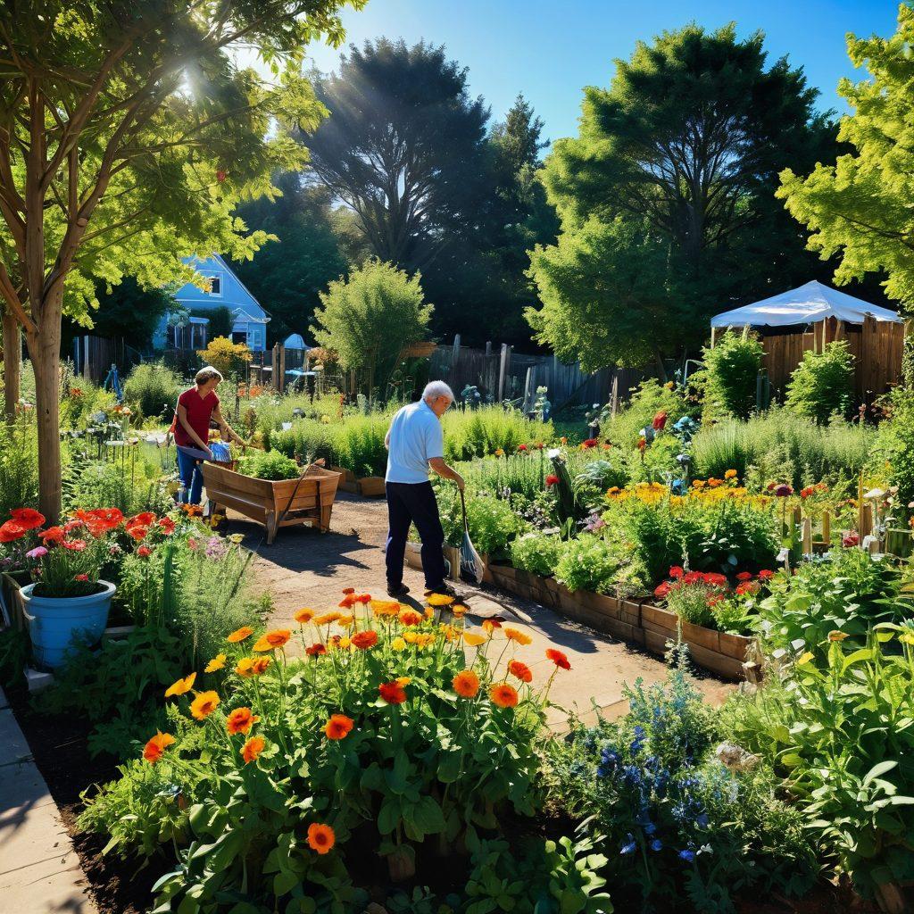 A tranquil community garden filled with diverse organic plants and vibrant flowers, showcasing people of various ages gardening together. Include a bright sun in the sky, casting soft light over smiling faces, picket fences, and eco-friendly gardening tools scattered around. A backdrop of lush trees and a clear blue sky emphasizes sustainability. artistic, vibrant colors, natural setting.
